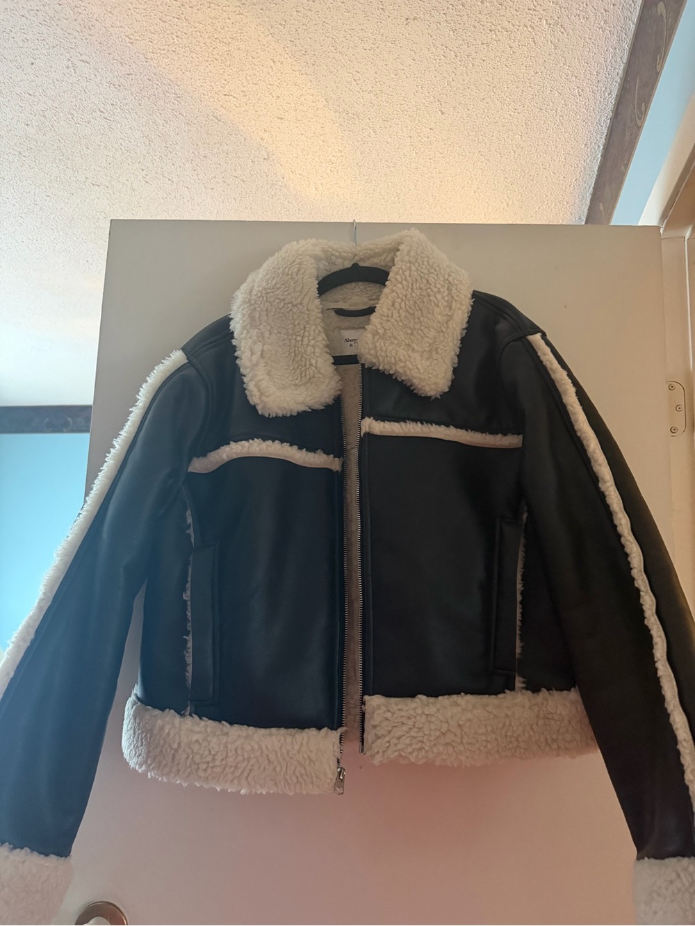 Abercrombie & Fitch Black Faux Leather Sherpa Jacket with Cream Trim